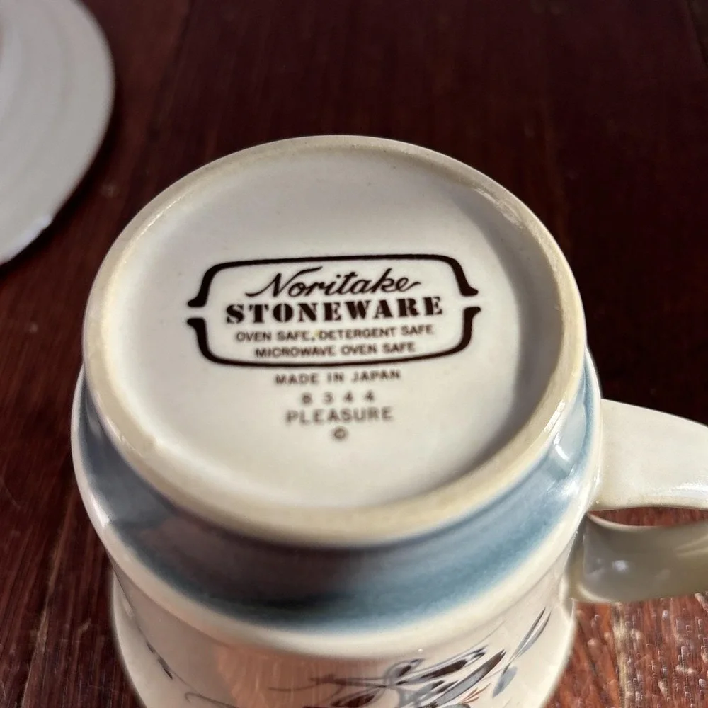 Noritake PLEASURE Stoneware Flat Cup &‎ Saucer Blue Floral JAPAN